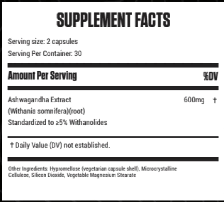 Ashwagandha Supplement Facts: ashwagandha root extract (Withania somnifera) 600 mg, standardized to at least 5% withanolides; 2 capsules per serving