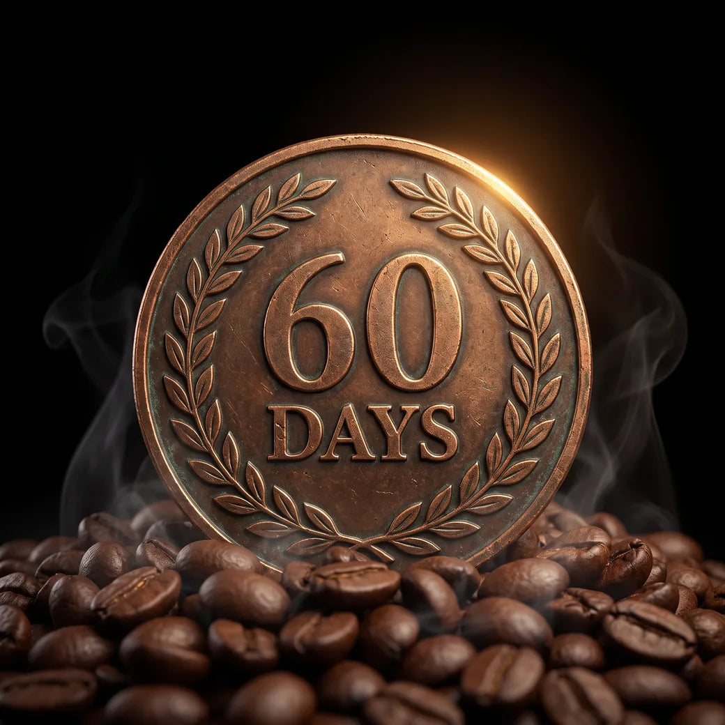 Copper 60-day guarantee coin on roasted coffee beans