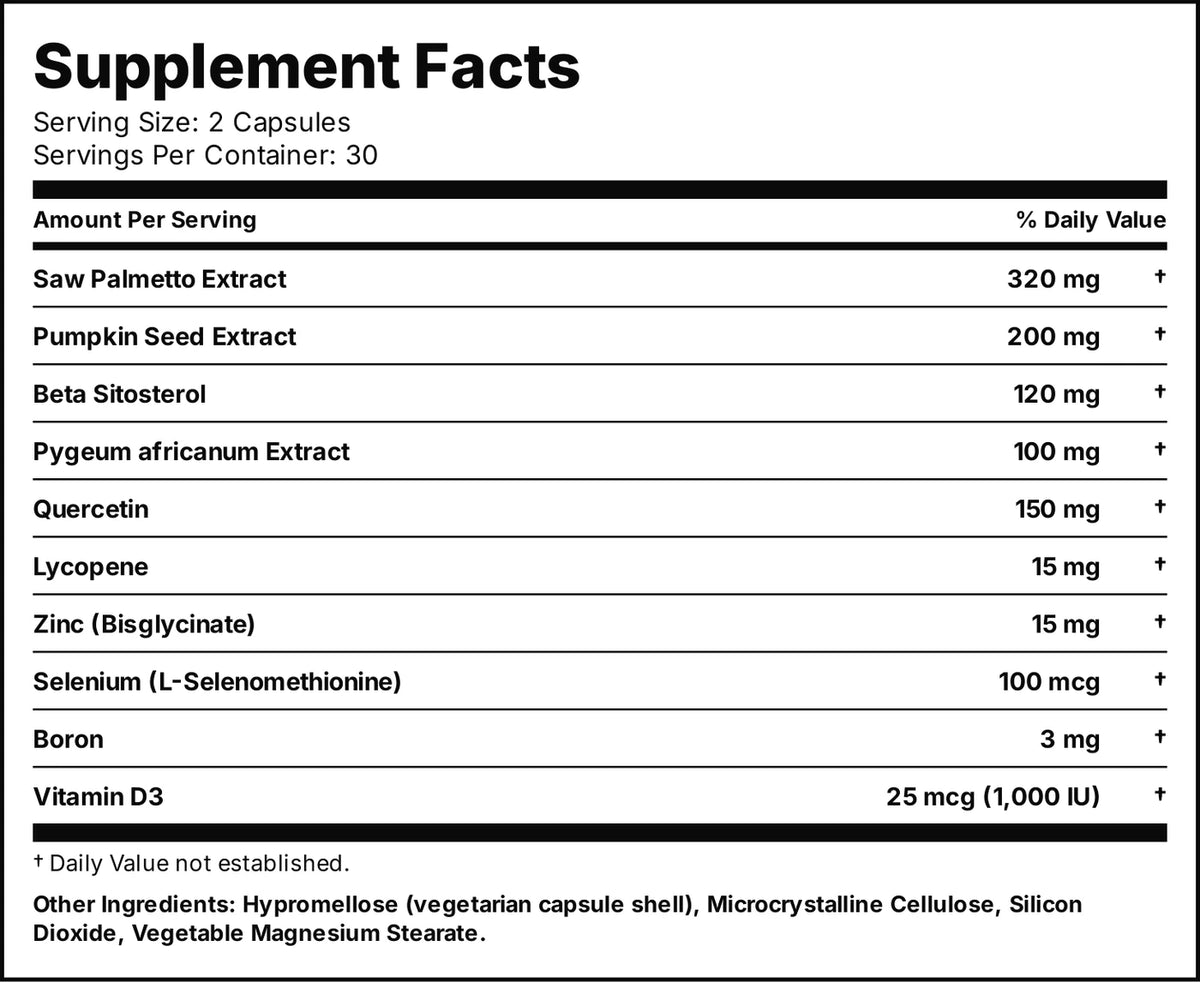 FlowRevive Supplement Facts per 2 capsules: saw palmetto extract 320 mg, pumpkin seed extract 200 mg, beta sitosterol 120 mg, pygeum africanum extract 100 mg, quercetin 150 mg, lycopene 15 mg, zinc 15 mg, selenium 100 mcg, boron 3 mg, vitamin D3 25 mcg