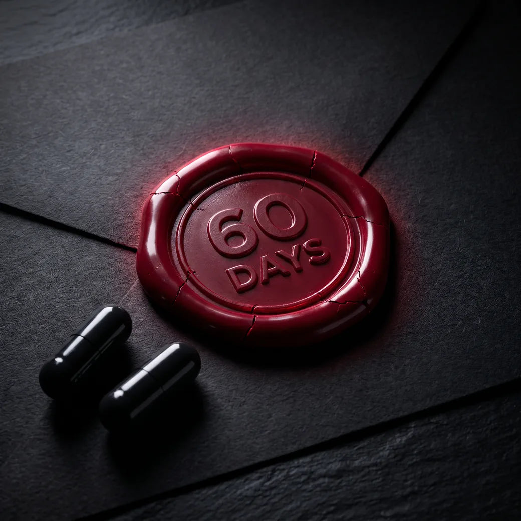 Red 60-day wax seal next to two black capsules